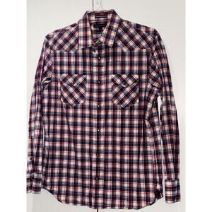 Banana Republic Shirt Mens Large Red Blue Plaid Stretch Button Up Long Sleeve Co